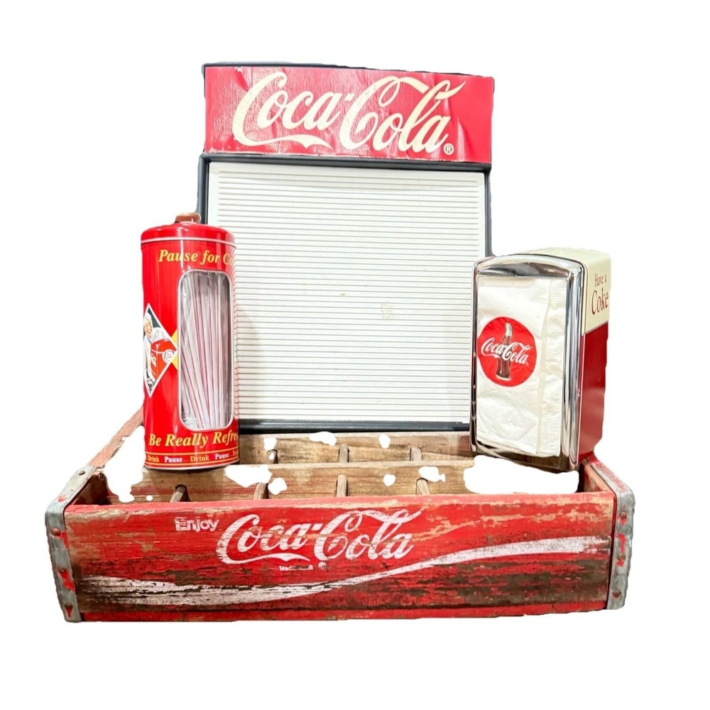 Coca-Cola Vintage Menu Board Wood Crate Napkin Holder Straw Dispenser Diner